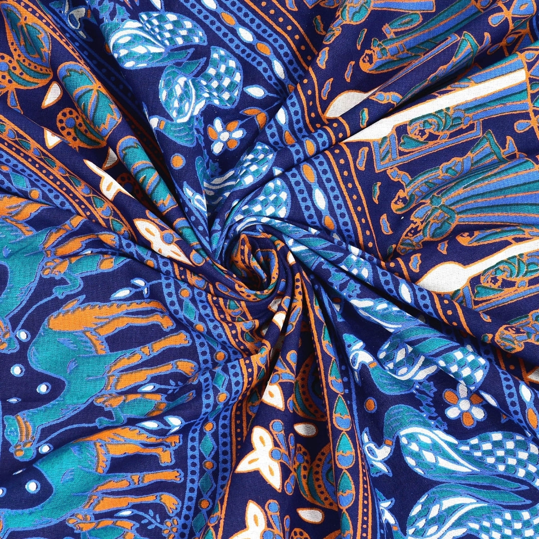 Elegant Aqua Blue Rajasthani Folk Mandala Print Pure Cotton Double Bedsheet with 2 Pillow Covers
