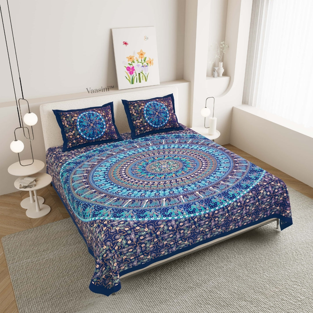 Elegant Aqua Blue Rajasthani Folk Mandala Print Pure Cotton Double Bedsheet with 2 Pillow Covers