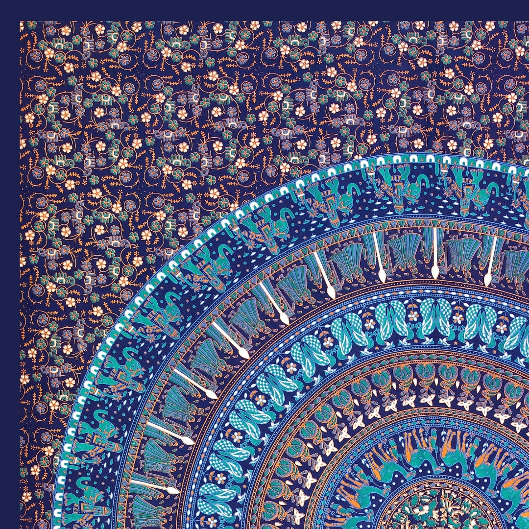 Elegant Aqua Blue Rajasthani Folk Mandala Print Pure Cotton Double Bedsheet with 2 Pillow Covers
