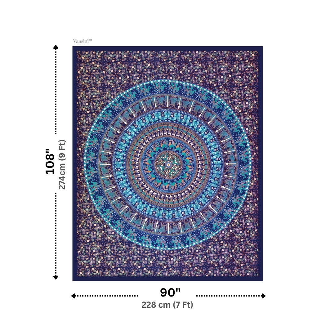 Elegant Aqua Blue Rajasthani Folk Mandala Print Pure Cotton Double Bedsheet with 2 Pillow Covers