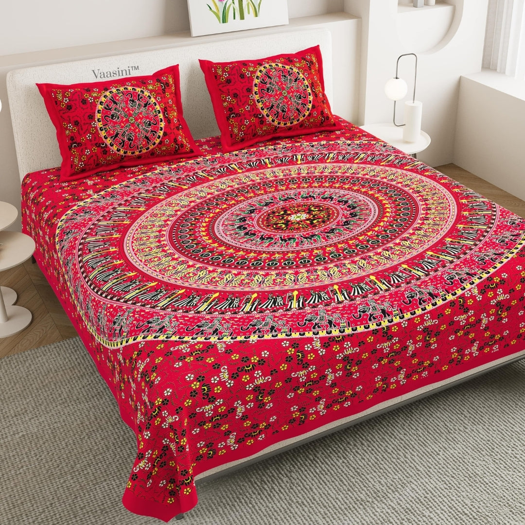 Luxury Scarlet Red Rajasthani Folk Mandala Print Pure Cotton Double Bedsheet with 2 Pillow Covers