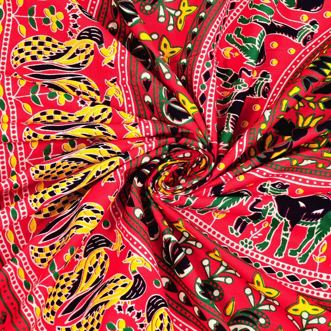 Luxury Scarlet Red Rajasthani Folk Mandala Print Pure Cotton Double Bedsheet with 2 Pillow Covers