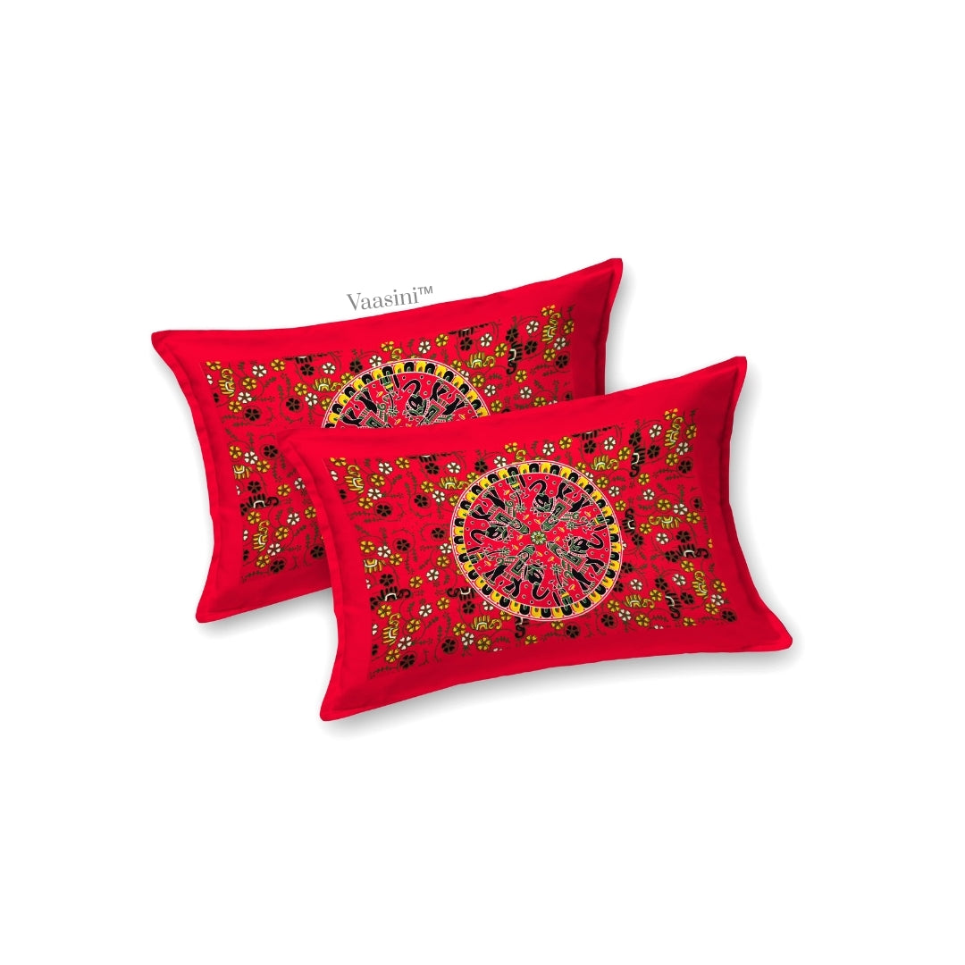 Luxury Scarlet Red Rajasthani Folk Mandala Print Pure Cotton Double Bedsheet with 2 Pillow Covers