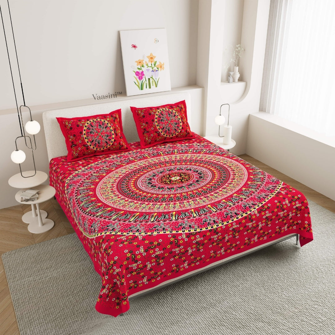 Luxury Scarlet Red Rajasthani Folk Mandala Print Pure Cotton Double Bedsheet with 2 Pillow Covers