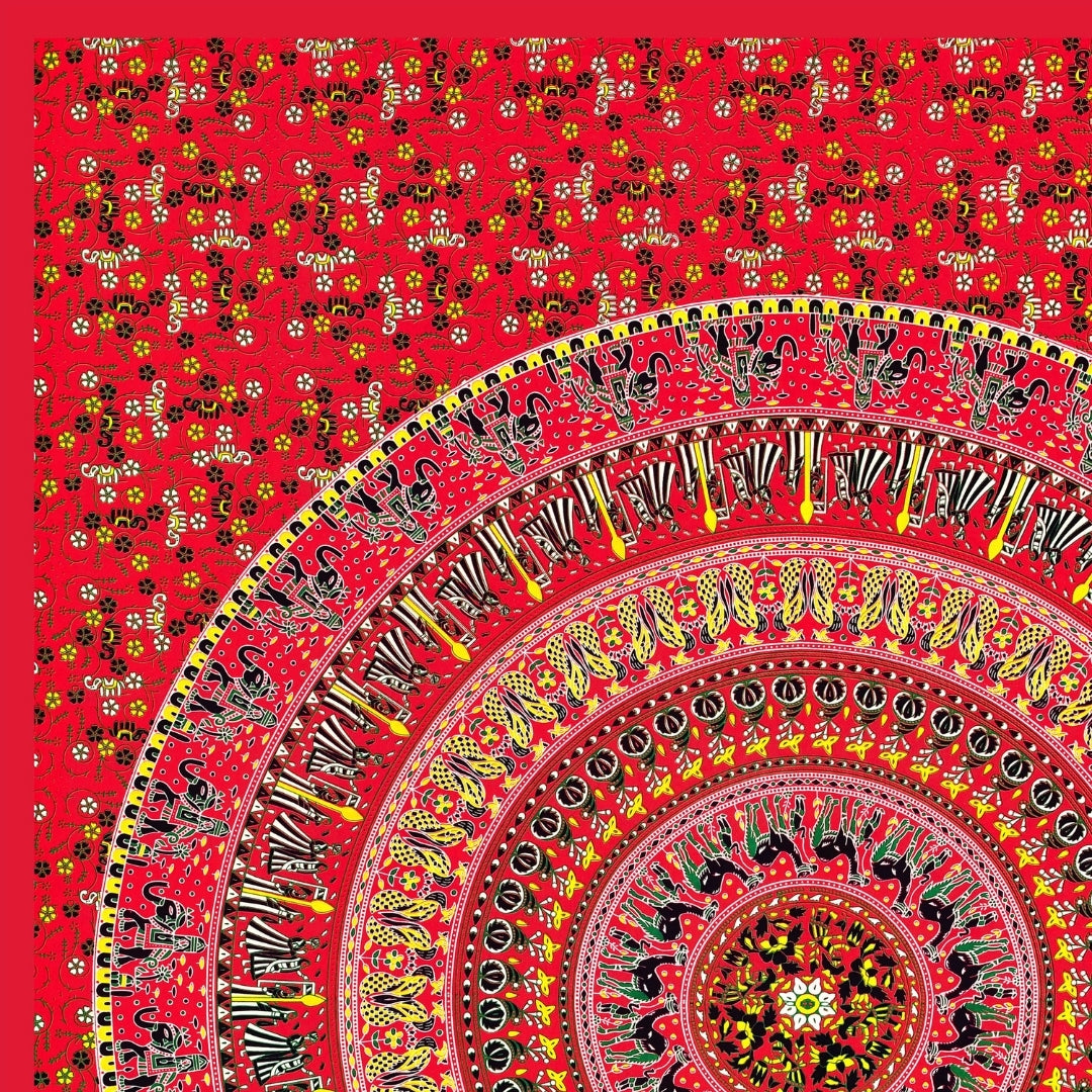 Luxury Scarlet Red Rajasthani Folk Mandala Print Pure Cotton Double Bedsheet with 2 Pillow Covers