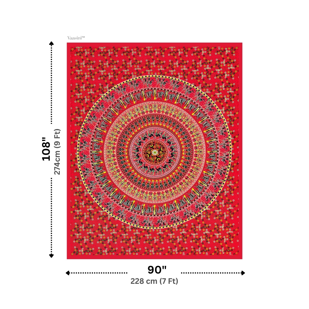 Luxury Scarlet Red Rajasthani Folk Mandala Print Pure Cotton Double Bedsheet with 2 Pillow Covers