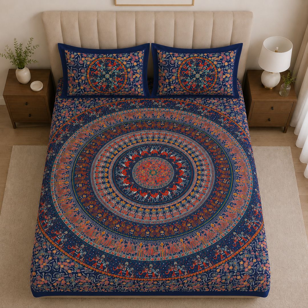 Premium Royal Blue Rajasthani Folk MandalaPrint Pure Cotton Double Bedsheet with 2 Pillow Covers