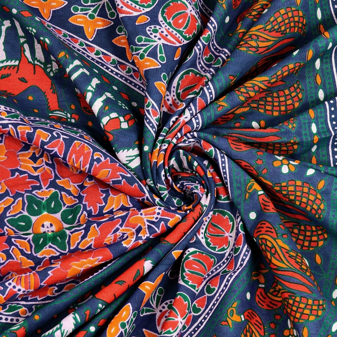Premium Royal Blue Rajasthani Folk MandalaPrint Pure Cotton Double Bedsheet with 2 Pillow Covers