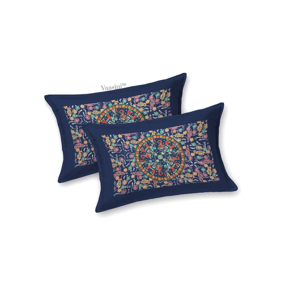 Premium Royal Blue Rajasthani Folk MandalaPrint Pure Cotton Double Bedsheet with 2 Pillow Covers