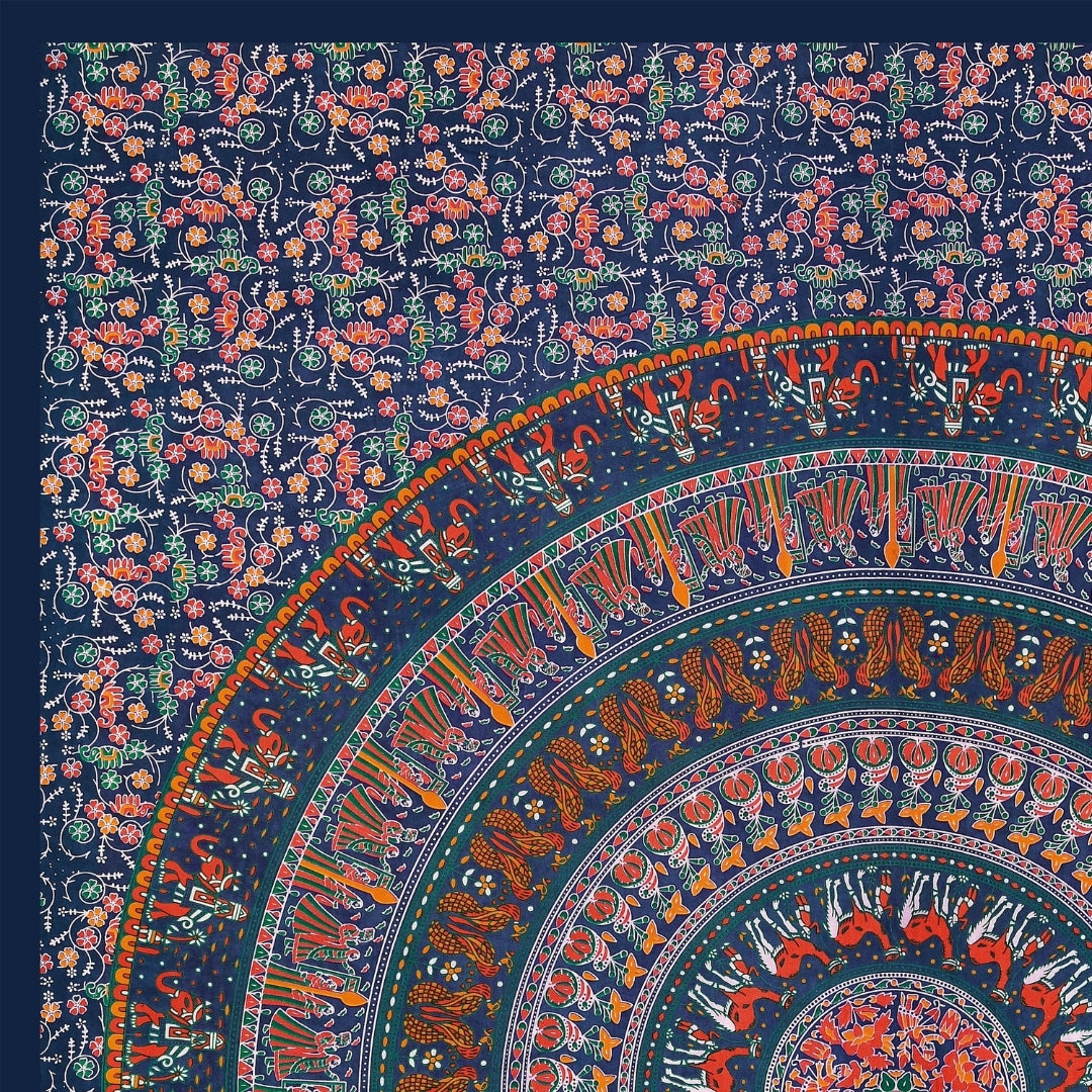 Premium Royal Blue Rajasthani Folk MandalaPrint Pure Cotton Double Bedsheet with 2 Pillow Covers
