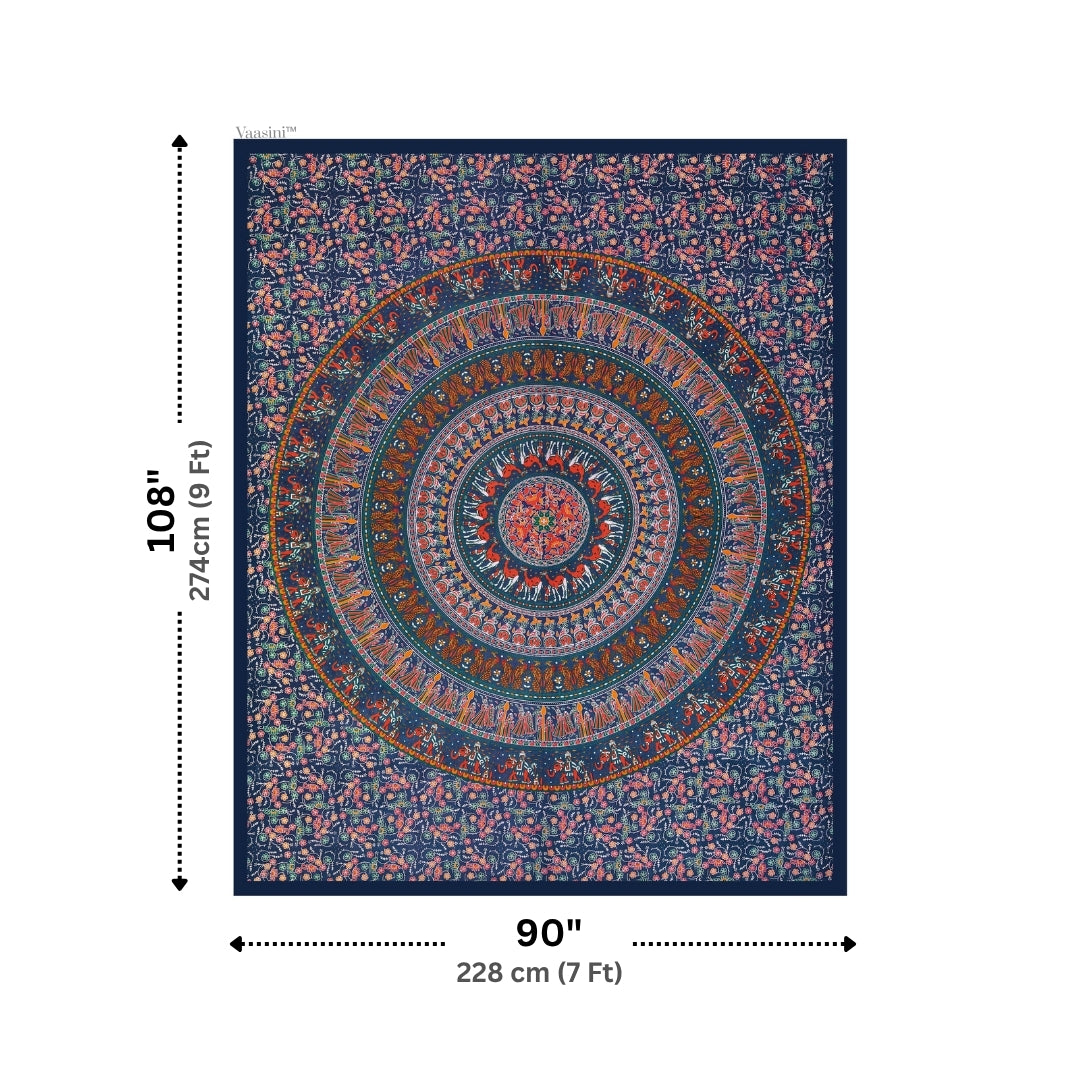Premium Royal Blue Rajasthani Folk MandalaPrint Pure Cotton Double Bedsheet with 2 Pillow Covers
