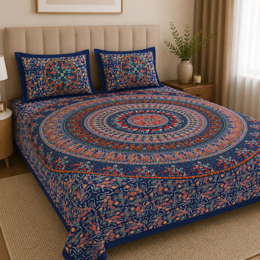 Premium Royal Blue Rajasthani Folk MandalaPrint Pure Cotton Double Bedsheet with 2 Pillow Covers