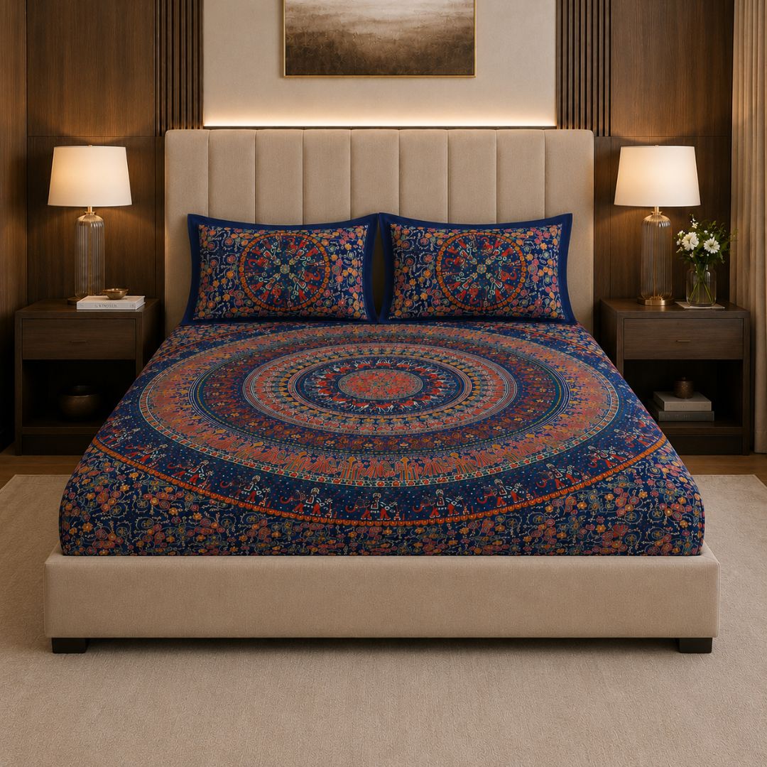 Premium Royal Blue Rajasthani Folk MandalaPrint Pure Cotton Double Bedsheet with 2 Pillow Covers