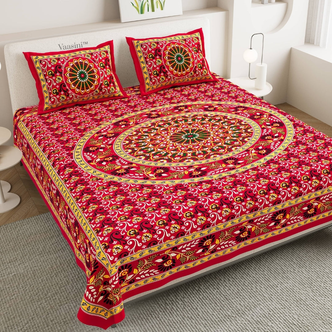 Luxury Crimson Red Floral Mandala Print Pure Cotton Double Bedsheet with 2 Pillow Covers