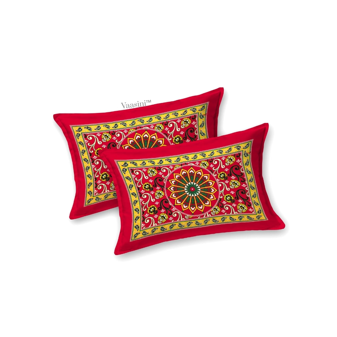 Luxury Crimson Red Floral Mandala Print Pure Cotton Double Bedsheet with 2 Pillow Covers