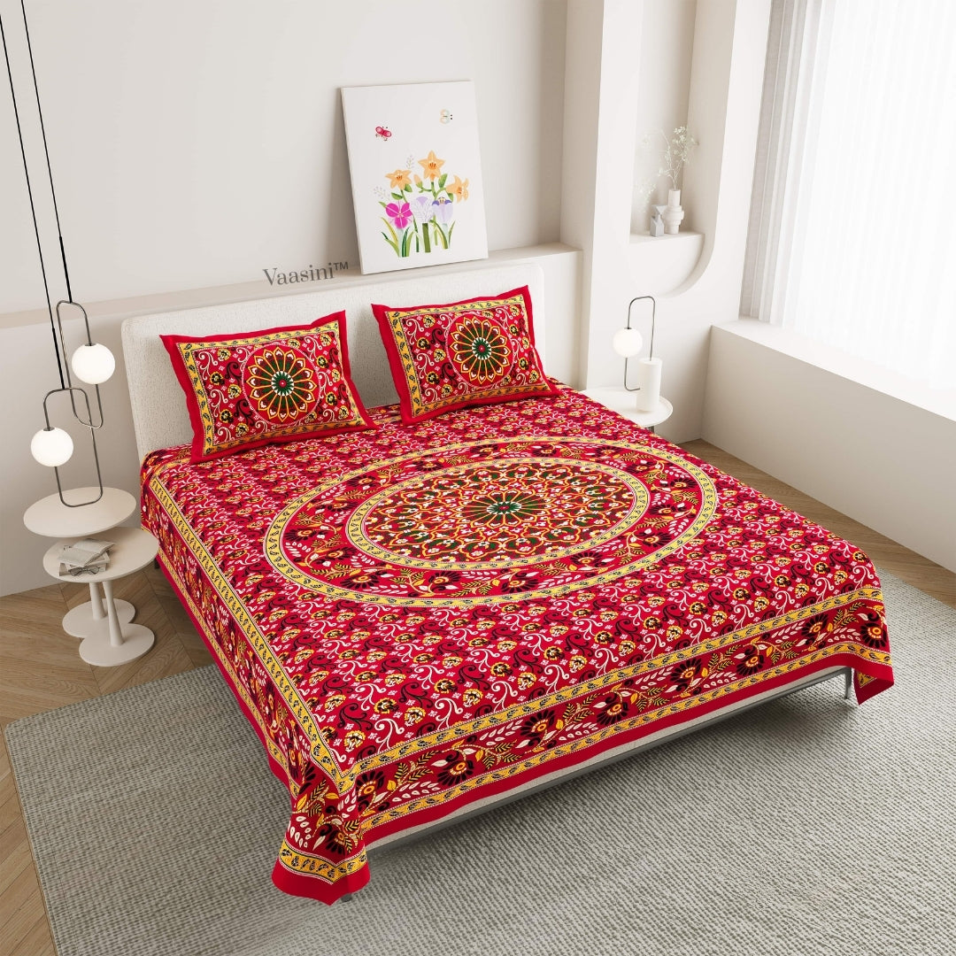 Luxury Crimson Red Floral Mandala Print Pure Cotton Double Bedsheet with 2 Pillow Covers