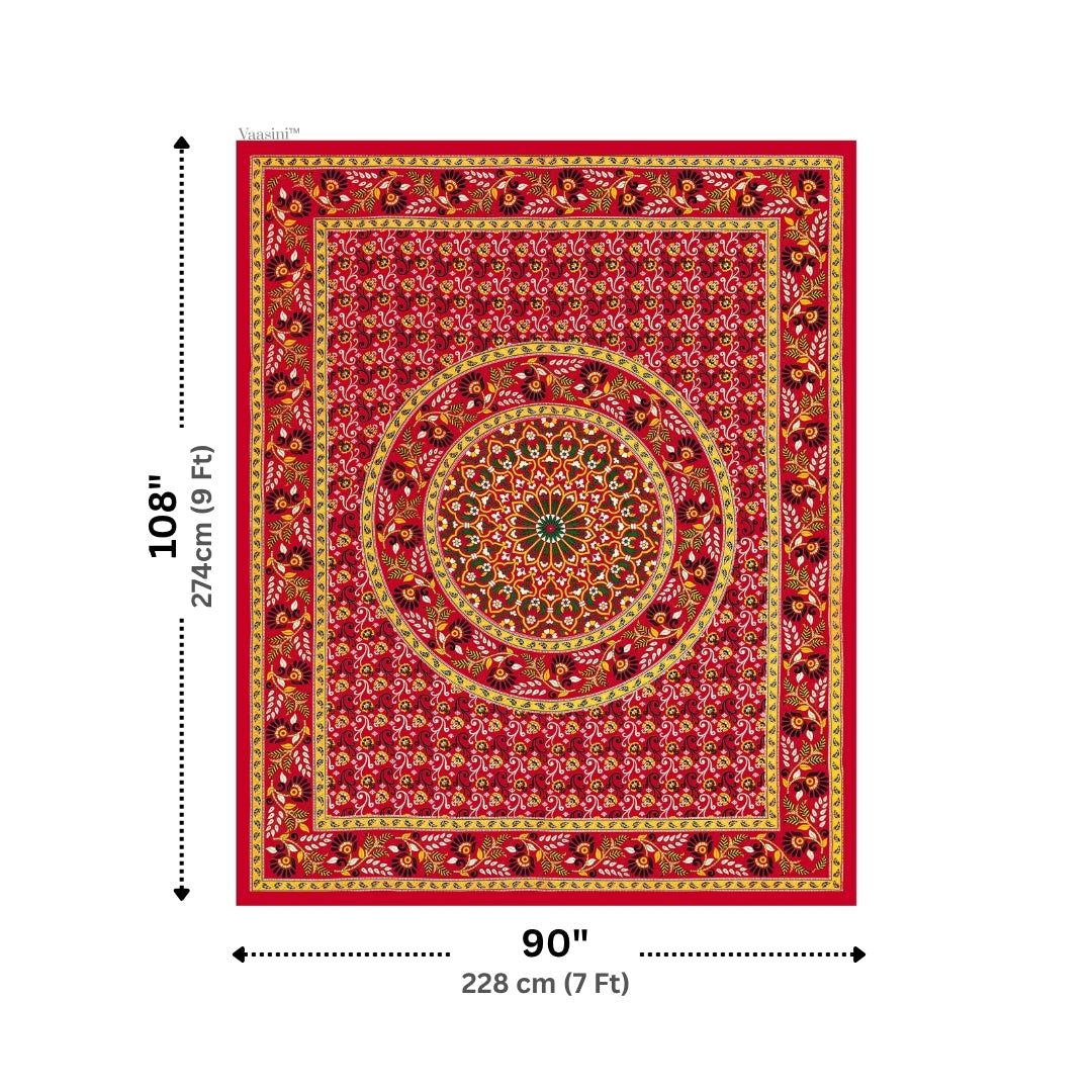 Luxury Crimson Red Floral Mandala Print Pure Cotton Double Bedsheet with 2 Pillow Covers