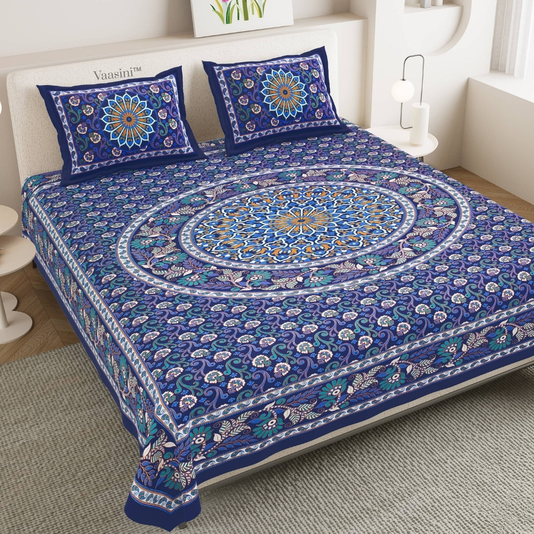 Classic Sapphire Blue Mosaic Medallion Mandala Print Pure Cotton Double Bedsheet & 2 Pillow Covers