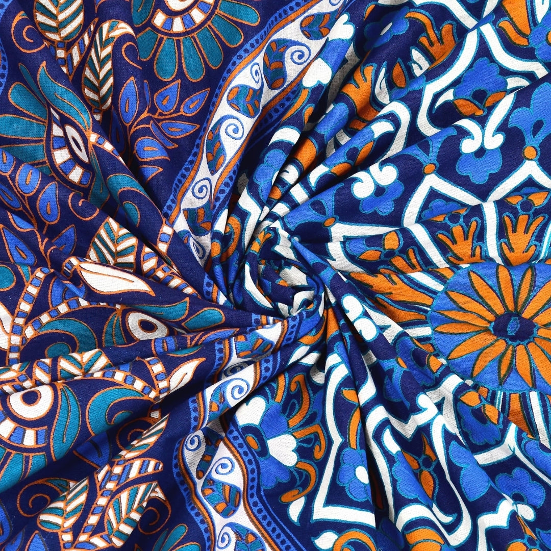 Classic Sapphire Blue Mosaic Medallion Mandala Print Pure Cotton Double Bedsheet & 2 Pillow Covers