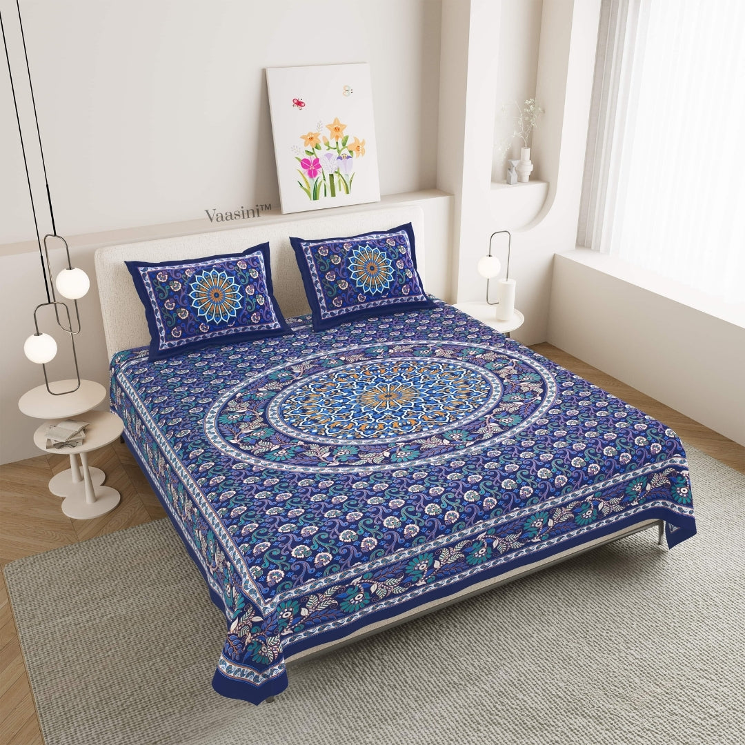 Classic Sapphire Blue Mosaic Medallion Mandala Print Pure Cotton Double Bedsheet & 2 Pillow Covers