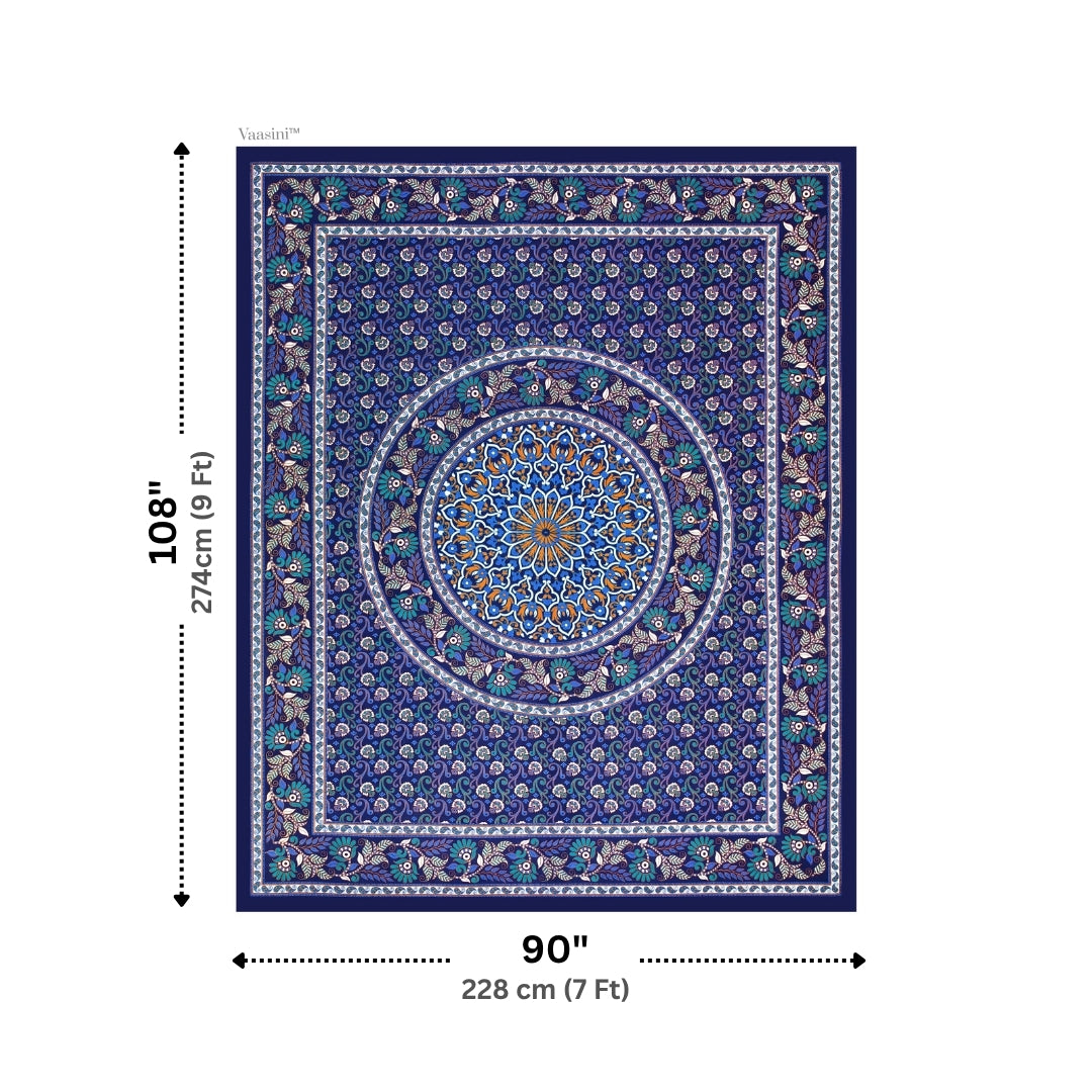 Classic Sapphire Blue Mosaic Medallion Mandala Print Pure Cotton Double Bedsheet & 2 Pillow Covers