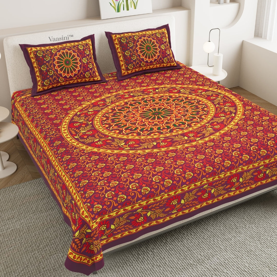 Royal Maroon Gold Heritage Mandala Print Pure Cotton Double Bedsheet with 2 Pillow Covers