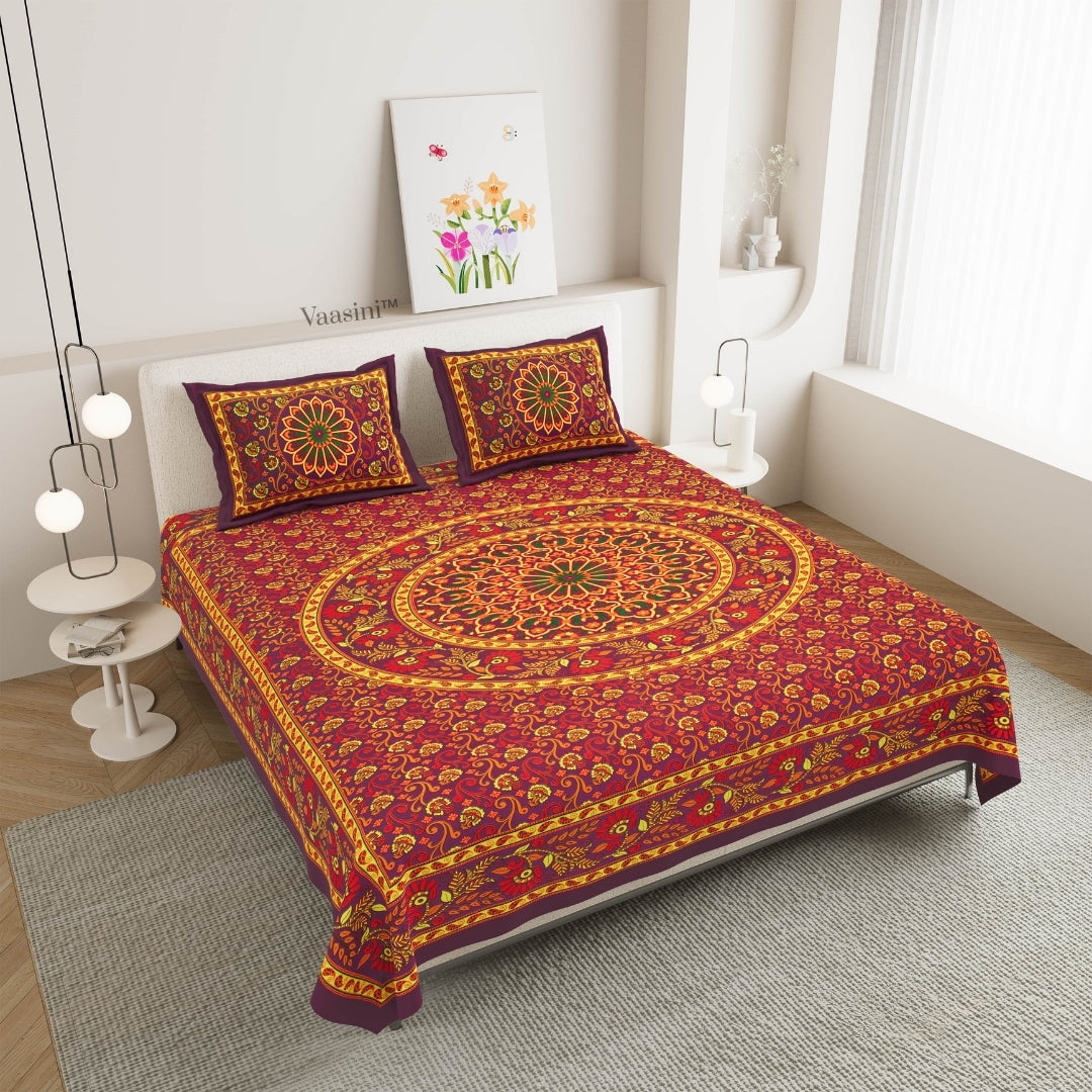Royal Maroon Gold Heritage Mandala Print Pure Cotton Double Bedsheet with 2 Pillow Covers