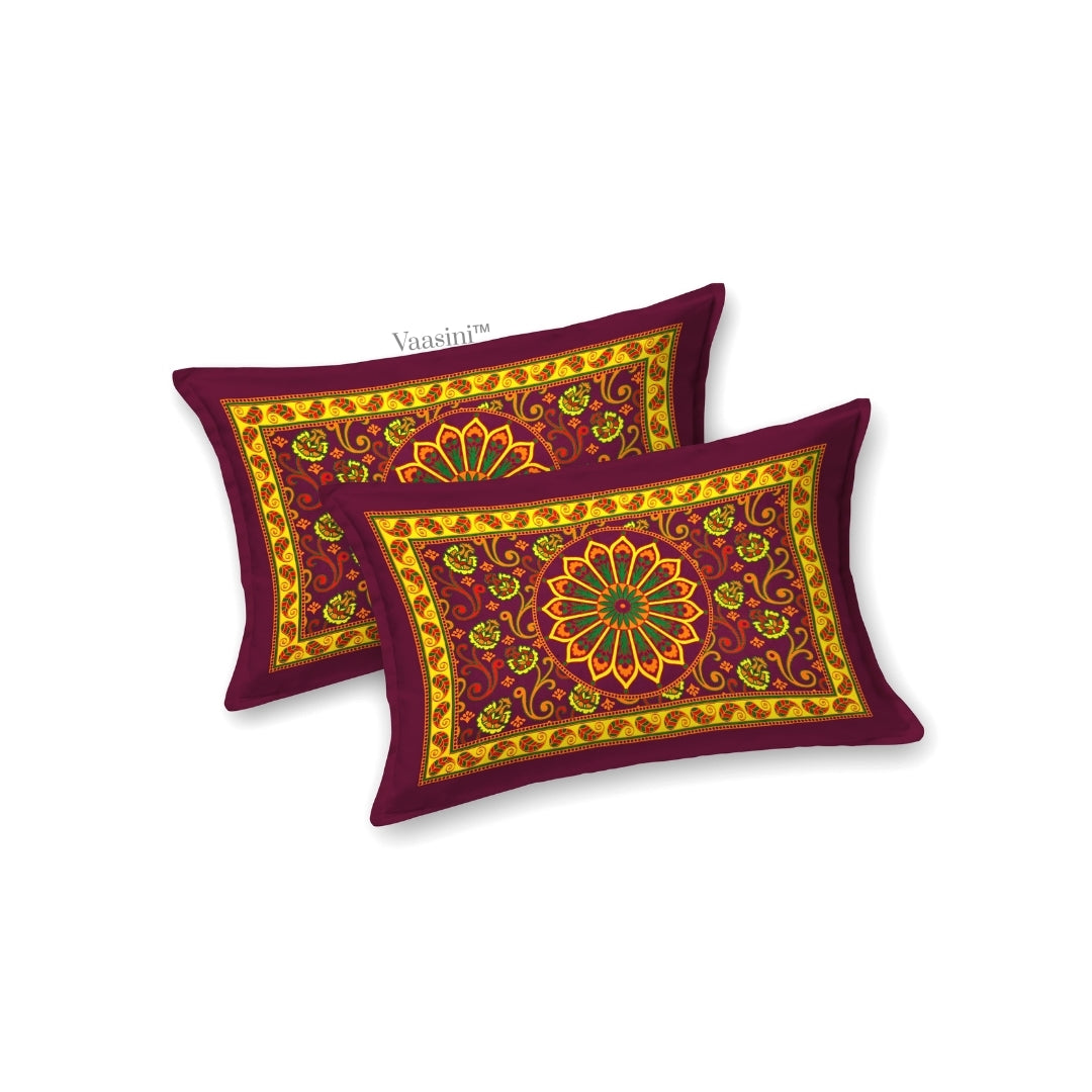 Royal Maroon Gold Heritage Mandala Print Pure Cotton Double Bedsheet with 2 Pillow Covers