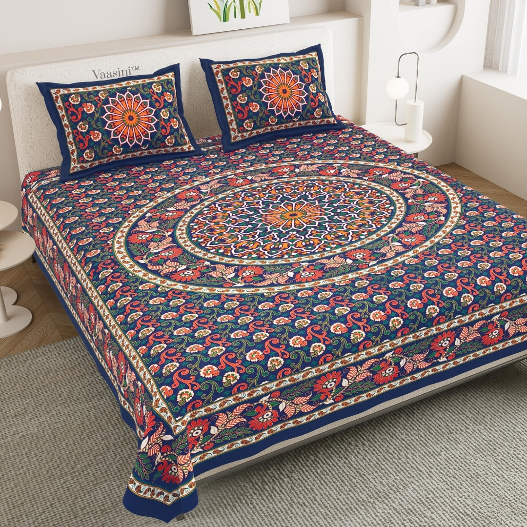 Elegant Navy Blue Paisley Mandala Print Pure Cotton Double Bedsheet with 2 Pillow Covers