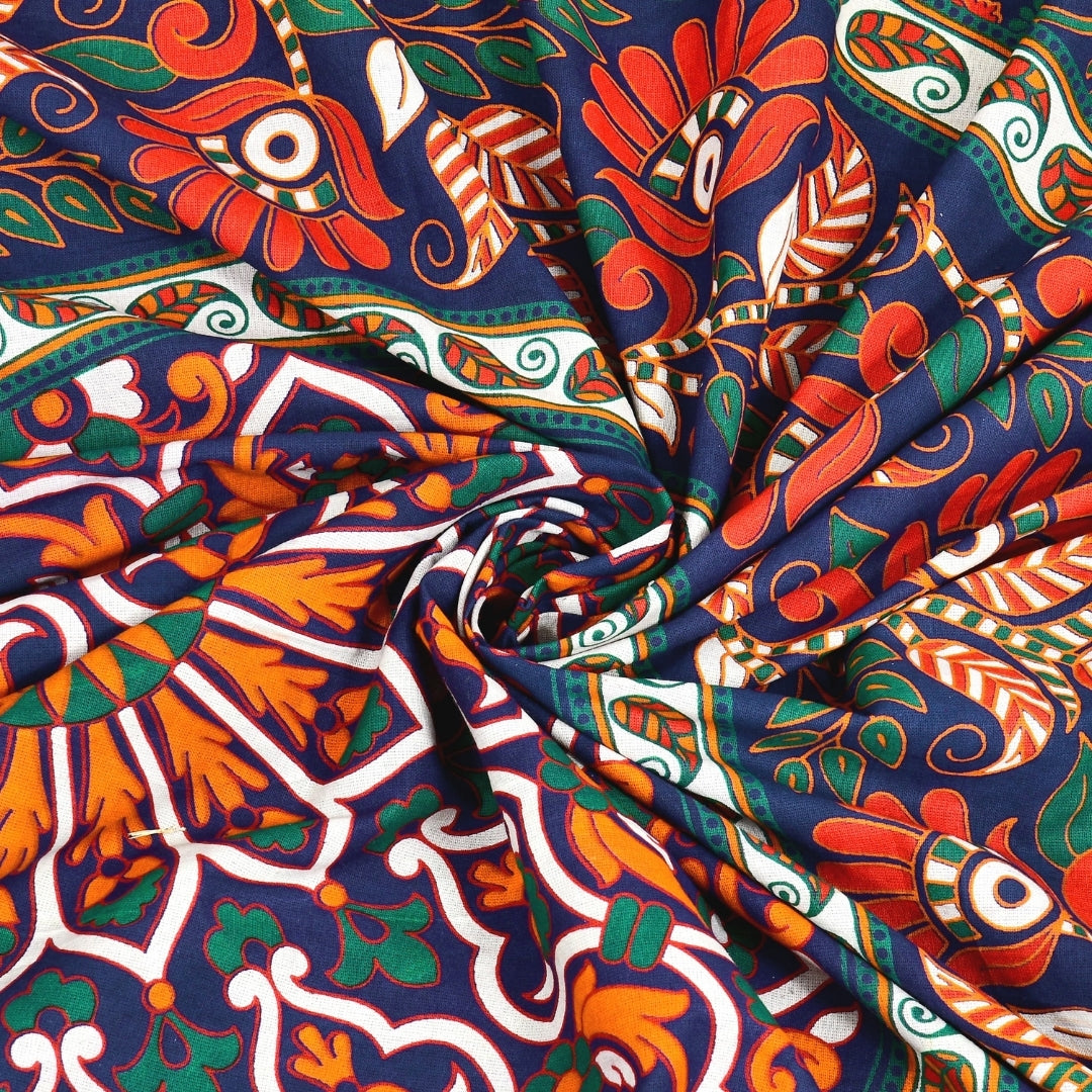 Elegant Navy Blue Paisley Mandala Print Pure Cotton Double Bedsheet with 2 Pillow Covers