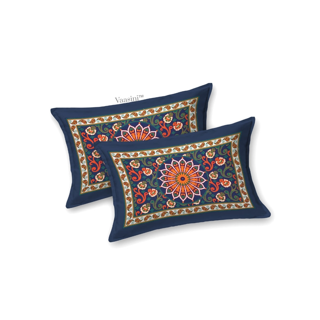 Elegant Navy Blue Paisley Mandala Print Pure Cotton Double Bedsheet with 2 Pillow Covers