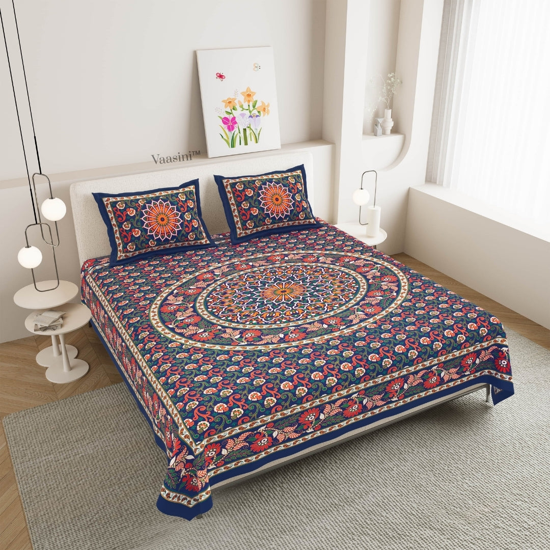 Elegant Navy Blue Paisley Mandala Print Pure Cotton Double Bedsheet with 2 Pillow Covers