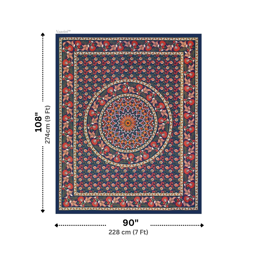 Elegant Navy Blue Paisley Mandala Print Pure Cotton Double Bedsheet with 2 Pillow Covers