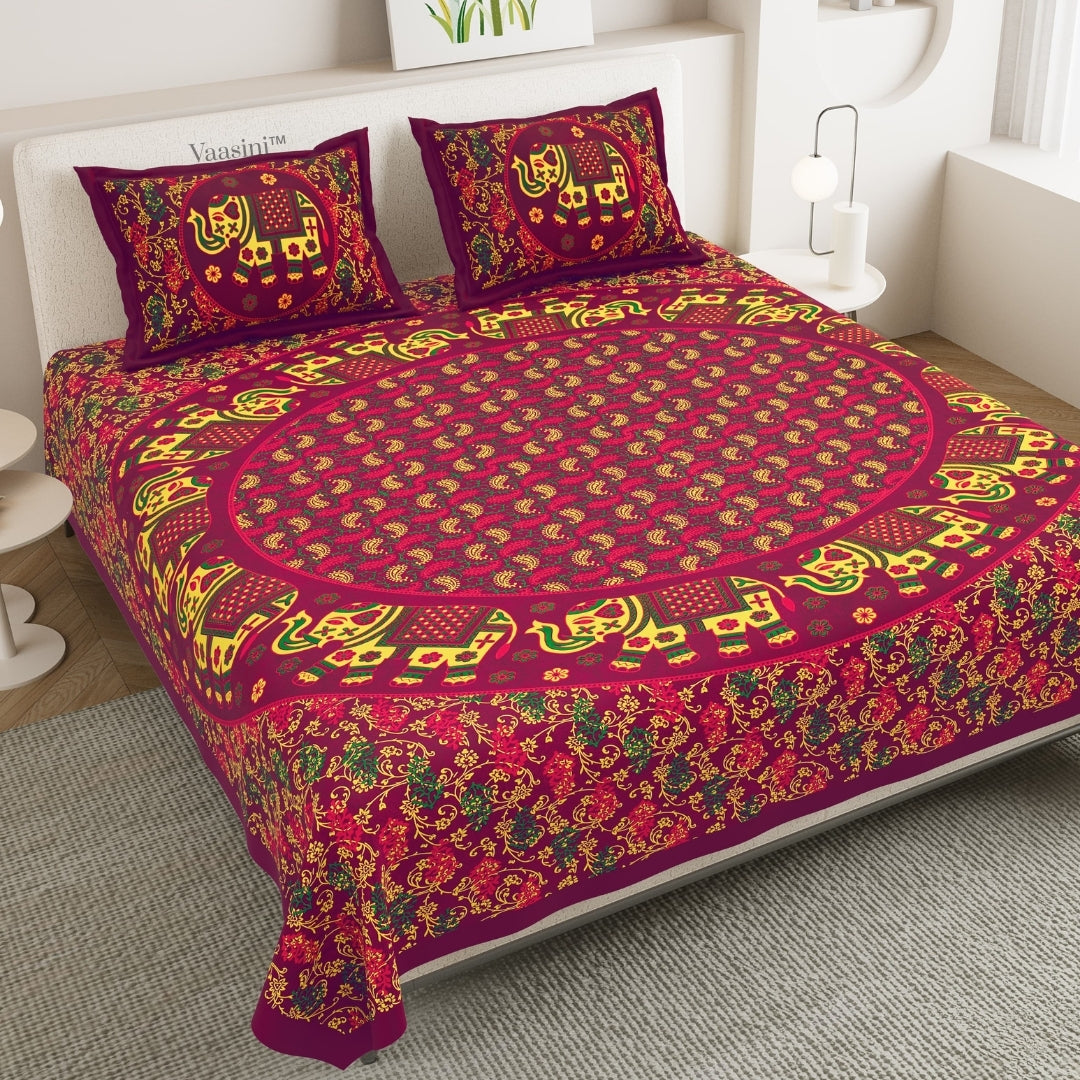Royal Wine Elephant Majestic Mandala Print Pure Cotton Double Bedsheet with 2 Pillow Covers