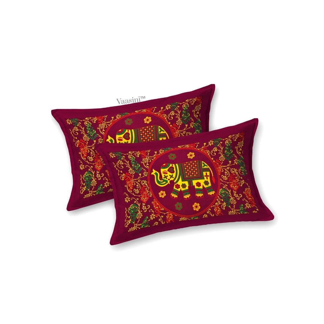 Royal Wine Elephant Majestic Mandala Print Pure Cotton Double Bedsheet with 2 Pillow Covers