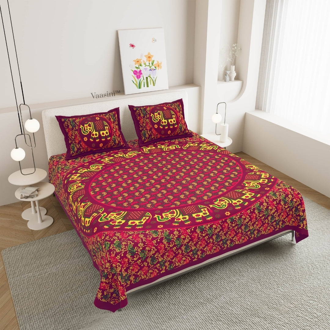 Royal Wine Elephant Majestic Mandala Print Pure Cotton Double Bedsheet with 2 Pillow Covers