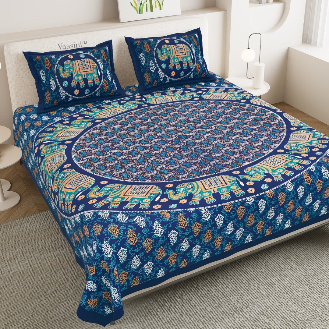 Premium Teal Blue Elephant Majestic Mandala Print Pure Cotton Double Bedsheet with 2 Pillow Covers