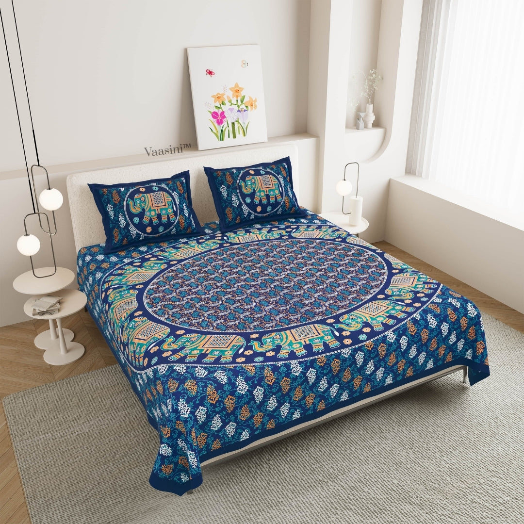 Premium Teal Blue Elephant Majestic Mandala Print Pure Cotton Double Bedsheet with 2 Pillow Covers