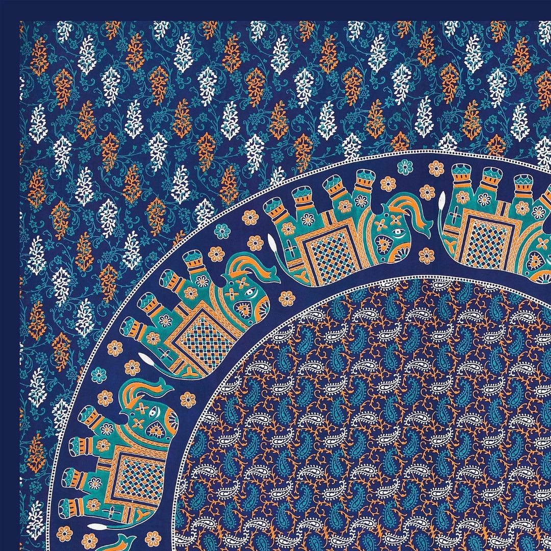 Premium Teal Blue Elephant Majestic Mandala Print Pure Cotton Double Bedsheet with 2 Pillow Covers