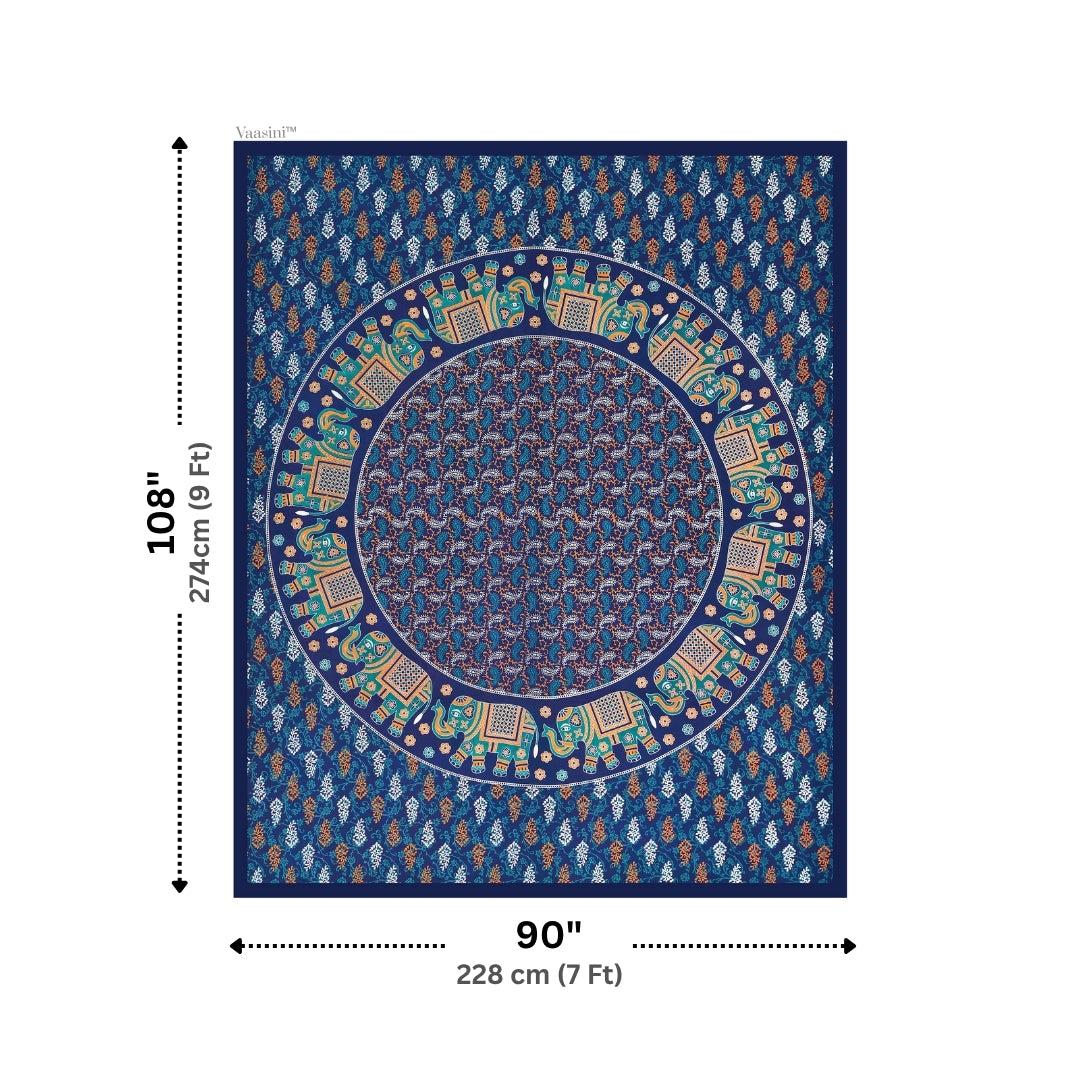 Premium Teal Blue Elephant Majestic Mandala Print Pure Cotton Double Bedsheet with 2 Pillow Covers