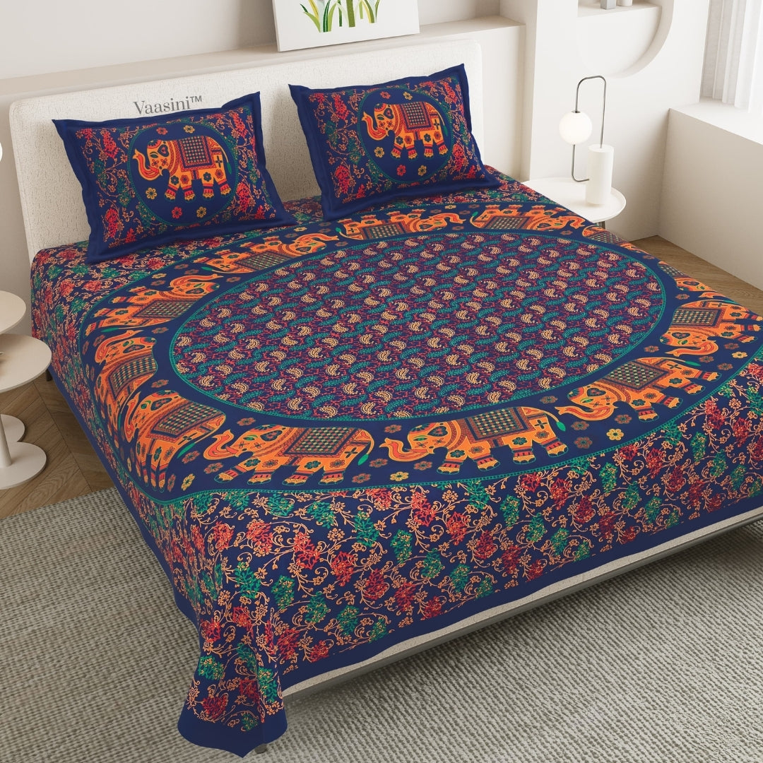 Luxury Midnight Blue Elephant Majestic Mandala Print Pure Cotton Double Bedsheet & 2 Pillow Covers