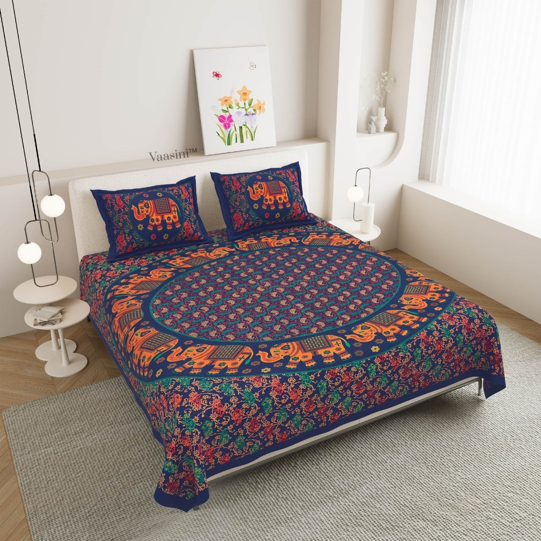 Luxury Midnight Blue Elephant Majestic Mandala Print Pure Cotton Double Bedsheet & 2 Pillow Covers