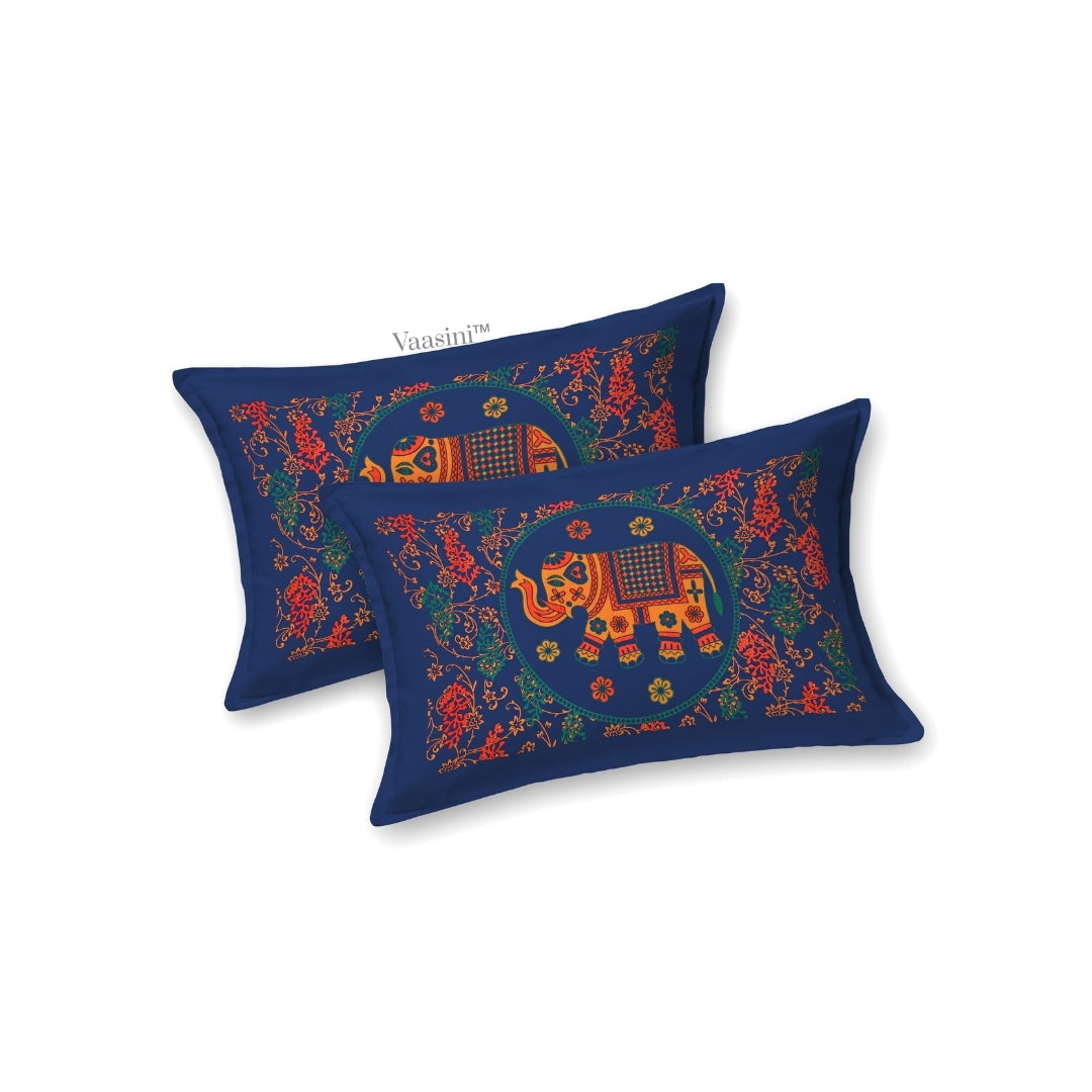 Luxury Midnight Blue Elephant Majestic Mandala Print Pure Cotton Double Bedsheet & 2 Pillow Covers
