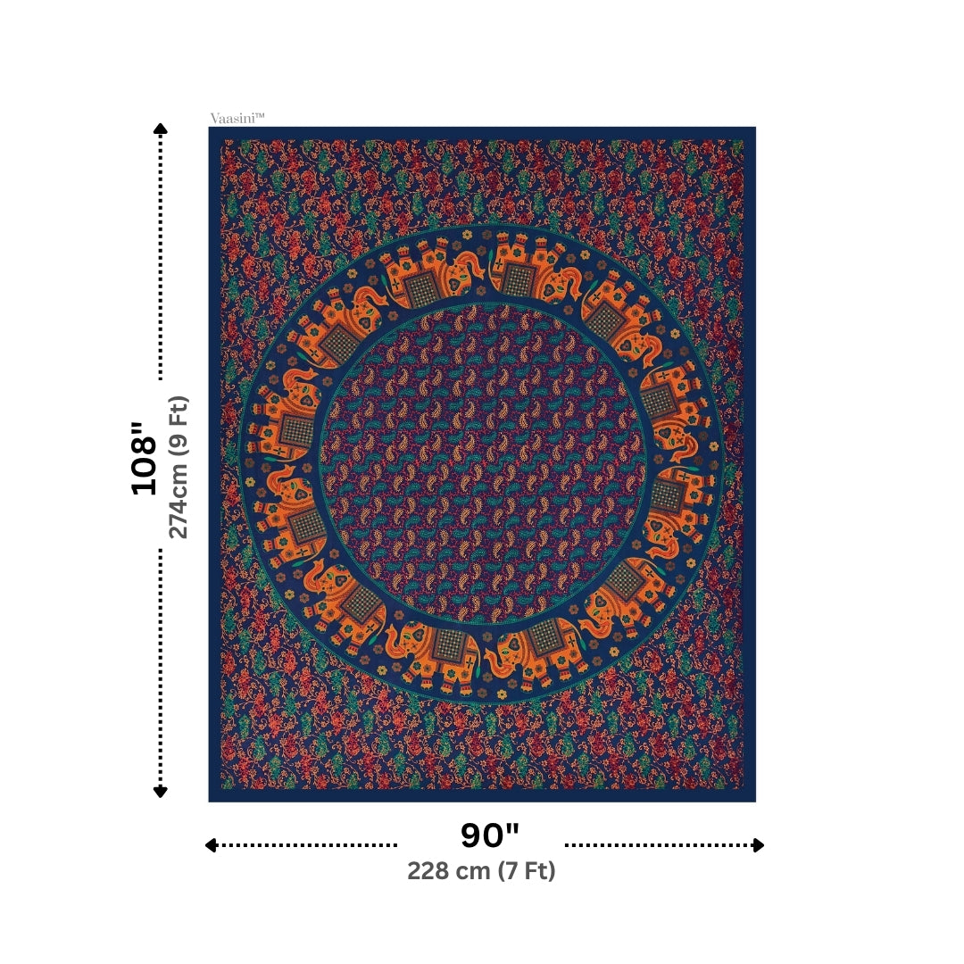 Luxury Midnight Blue Elephant Majestic Mandala Print Pure Cotton Double Bedsheet & 2 Pillow Covers
