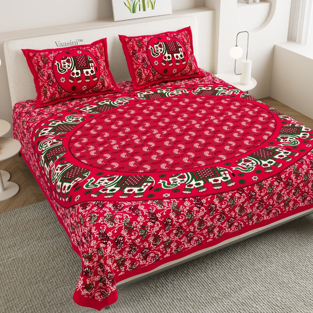 Regal Cherry Red Elephant Majestic Mandala Print Pure Cotton Double Bedsheet with 2 Pillow Covers