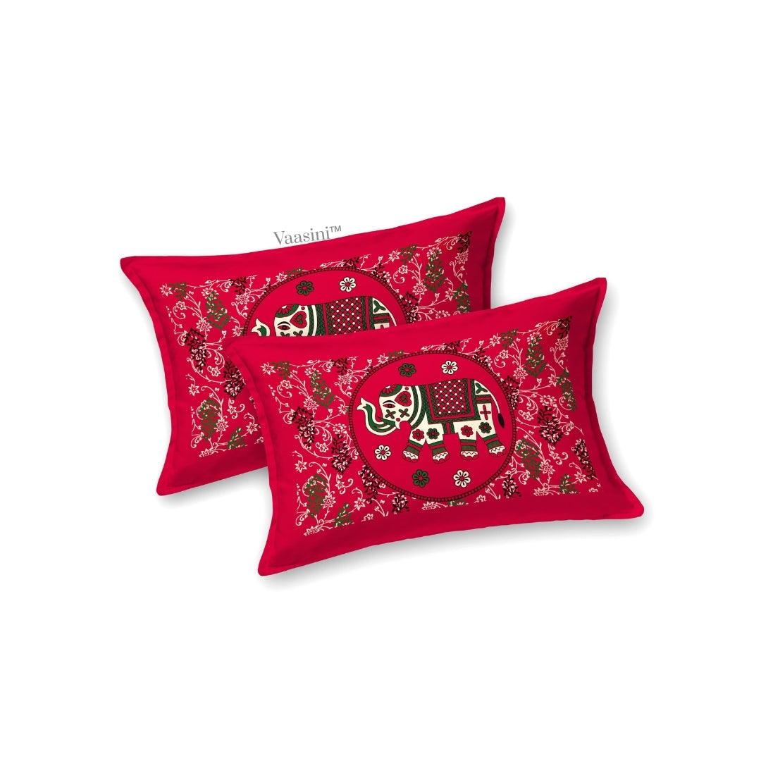Regal Cherry Red Elephant Majestic Mandala Print Pure Cotton Double Bedsheet with 2 Pillow Covers