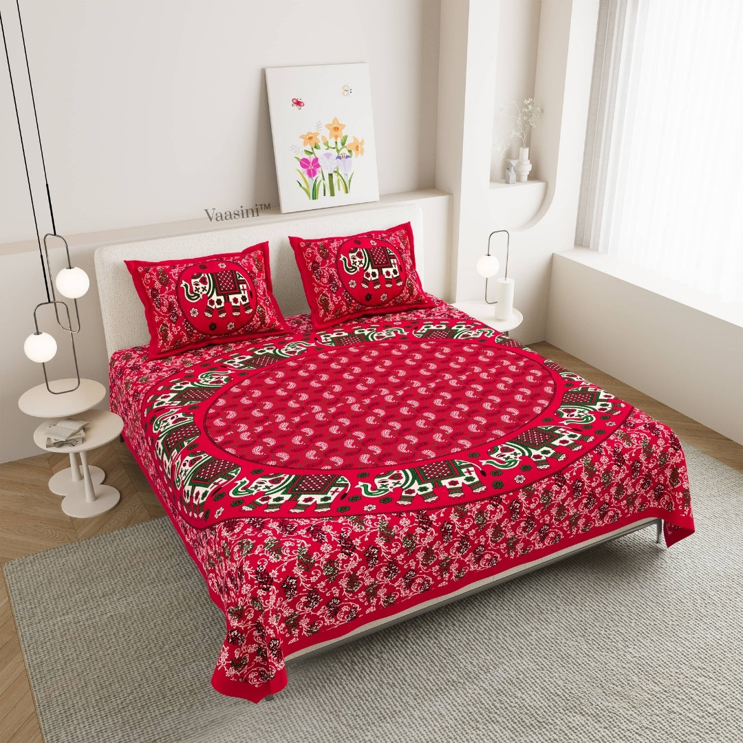 Regal Cherry Red Elephant Majestic Mandala Print Pure Cotton Double Bedsheet with 2 Pillow Covers