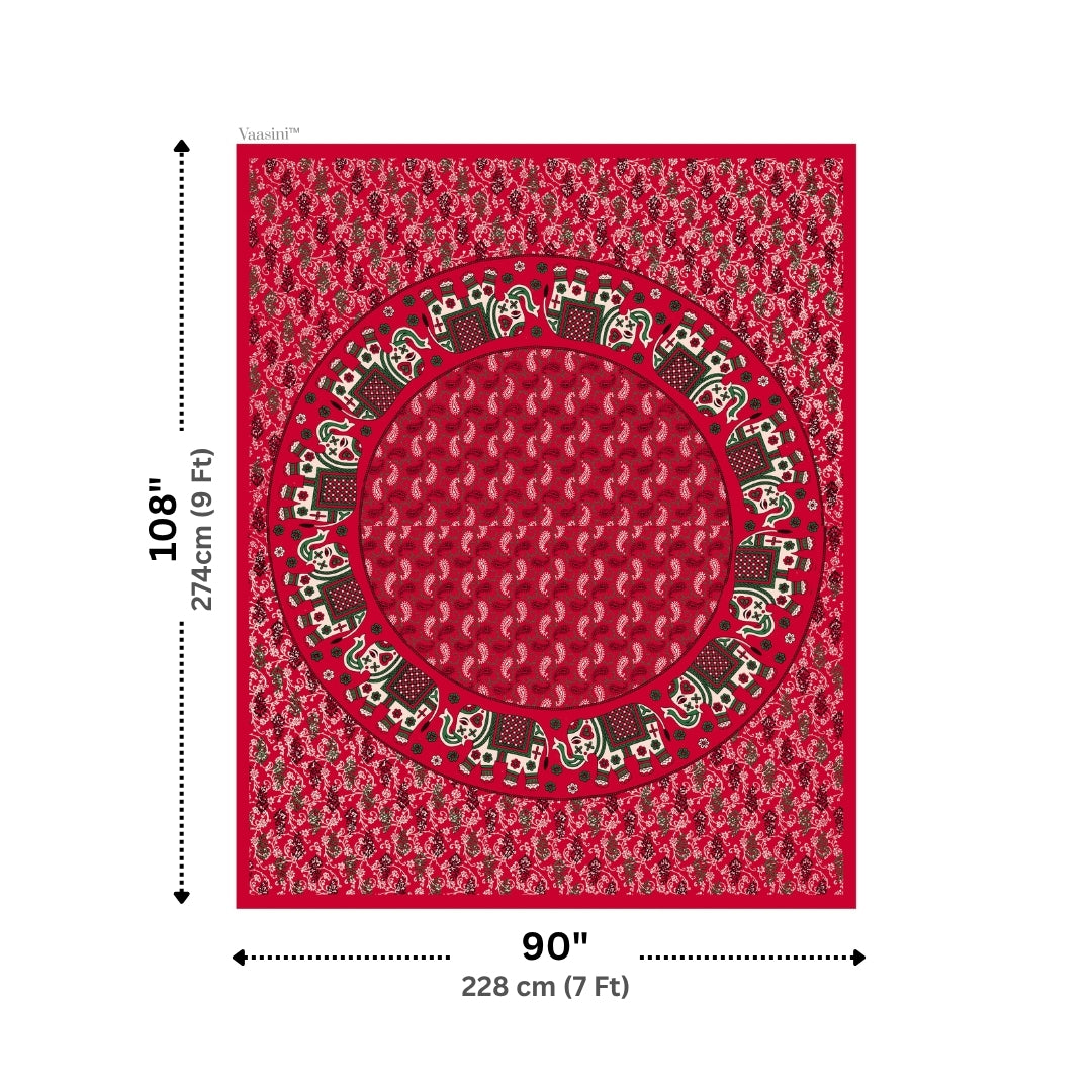 Regal Cherry Red Elephant Majestic Mandala Print Pure Cotton Double Bedsheet with 2 Pillow Covers