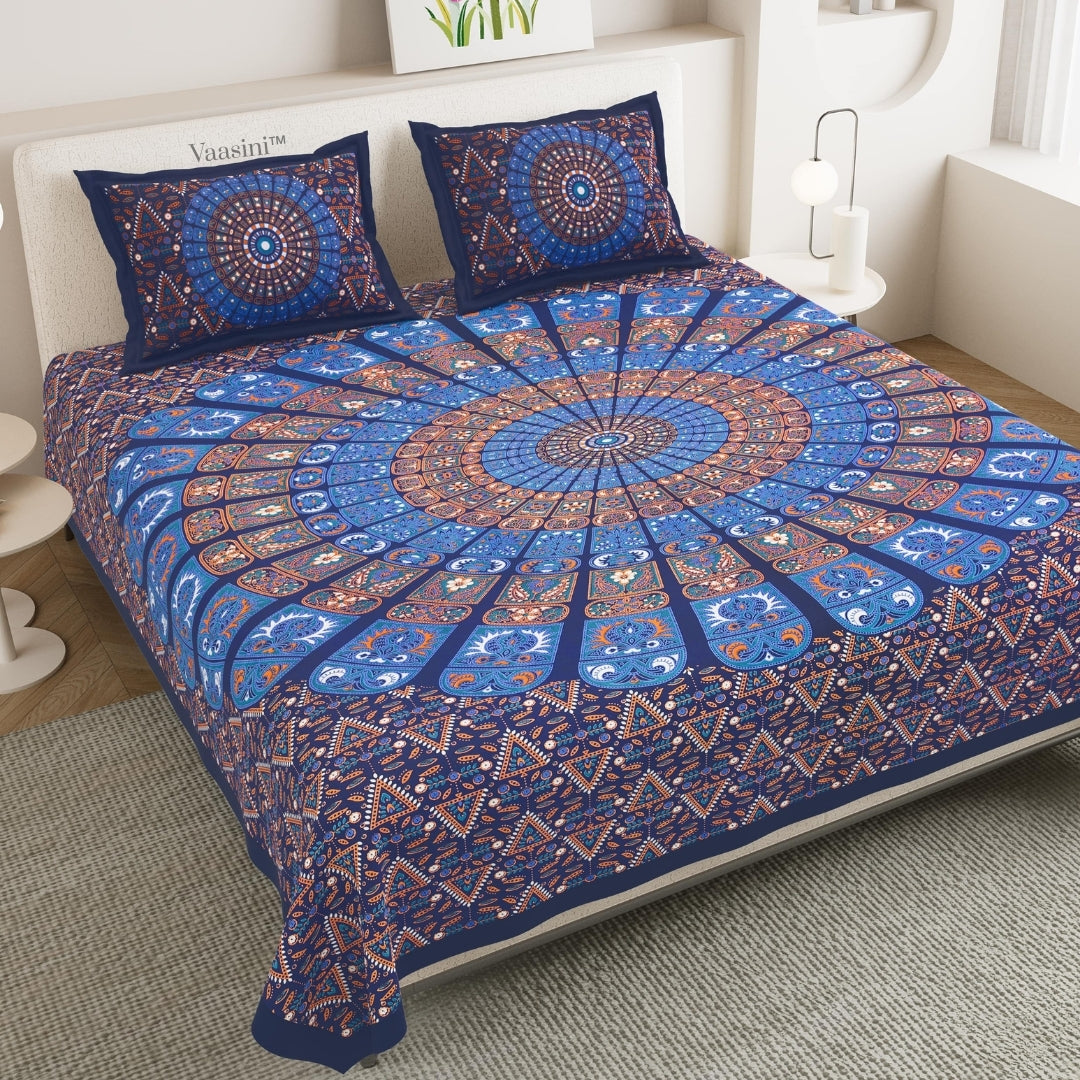 Premium Indigo Blue Radial Mandala Print Pure Cotton Double Bedsheet with 2 Pillow Covers