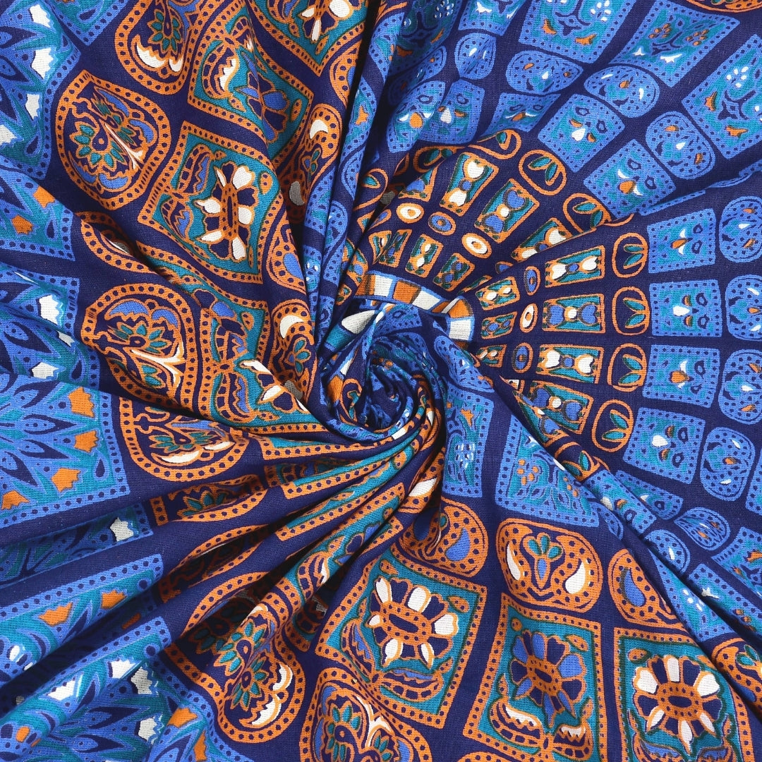 Premium Indigo Blue Radial Mandala Print Pure Cotton Double Bedsheet with 2 Pillow Covers